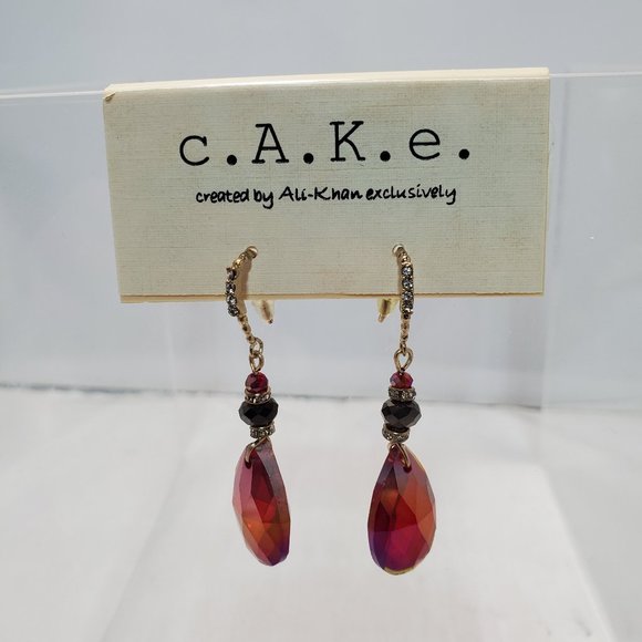 C.A.K.E  garnet glass fish hook earring with rhinestones - Picture 1 of 4
